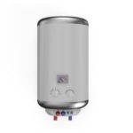 Stainless steel water heater with knobs and colored pipes by Charles Krull & Son, Inc. Plumbing & Heating.