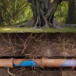 Tree with intricate roots over underground pipe carrying blue water, depicting plumbing and natural resource integration.