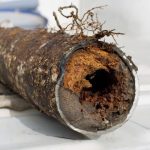 Corroded pipe with rust and decay, surrounded by a workstation, highlighting plumbing issues for homeowners.