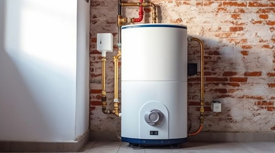 Modern water heater installation with copper and plastic pipes on a brick wall for efficient plumbing solutions.